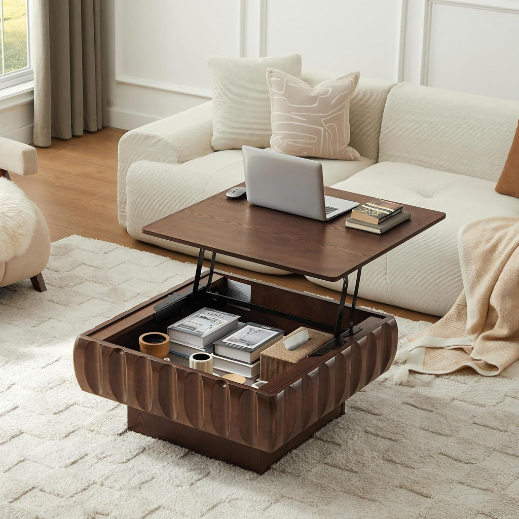 31.1'' Lift Top Coffee Table with Hidden Storage Space, Modern Drum Handcraft Wood Fluted Square Coffee Table for Living Room, Easy Assembly, Walnut