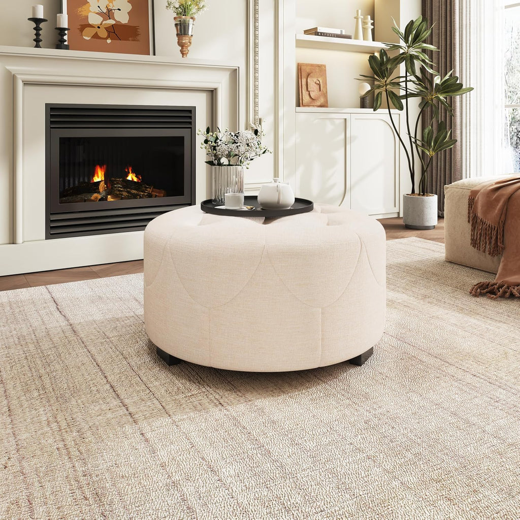 Christopher Knight Home York Linen Fabric Upholstered Ottoman, Wooden Round Ottoman Coffee Table, Modern Living Room Ottoman Foot Stool, Extra Seat Sofa Footrest, Beige