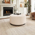 Christopher Knight Home York Linen Fabric Upholstered Ottoman, Wooden Round Ottoman Coffee Table, Modern Living Room Ottoman Foot Stool, Extra Seat Sofa Footrest, Beige