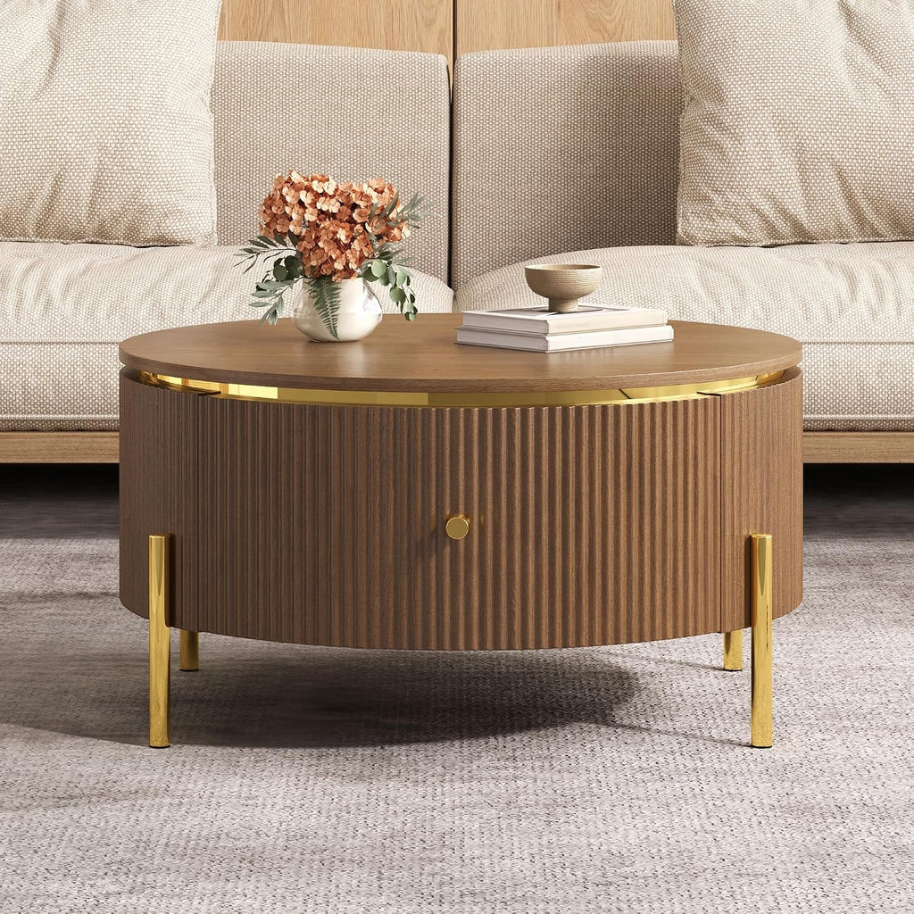 Modern Round Coffee Table with 2 Large Drawers Storage Accent Table, Brown, 31.5'
