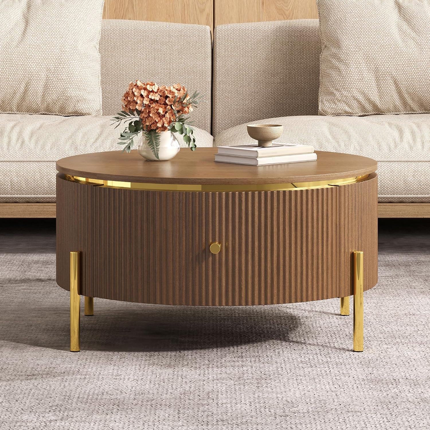 Modern Round Coffee Table with 2 Large Drawers Storage Accent Table, Brown, 31.5'