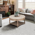 Large Round Storage Ottoman Coffee Table, 2 Tier Modern Upholstered Ottoman Footstool with Storage Shelf Tufted Linen Farmhouse Circle Coffee Table for Living Room (Khaki)