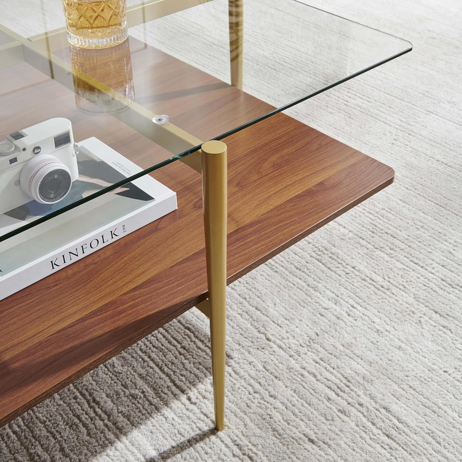 LumFurn X-Large Oval Glass Coffee Table, Mid-Century Modern Design, L47 x W24 x H17 inch, for Living Room, Clear Glass Top and Walnut Finish Wood Shelf, Conical Legs with Gold Finish Frame