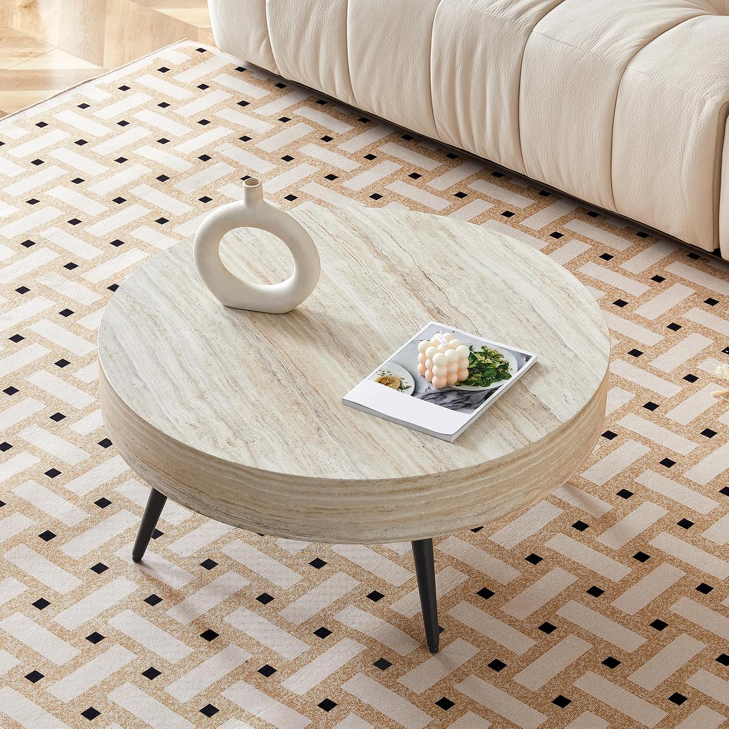 31.5' Modern Round Coffee Table,Small Coffee Tables Center Table with Metal Legs Wood Mars Marble-Patterned Tabletop for Living Room Office Apartment,Easy to Assemble, Wood Mars Marble