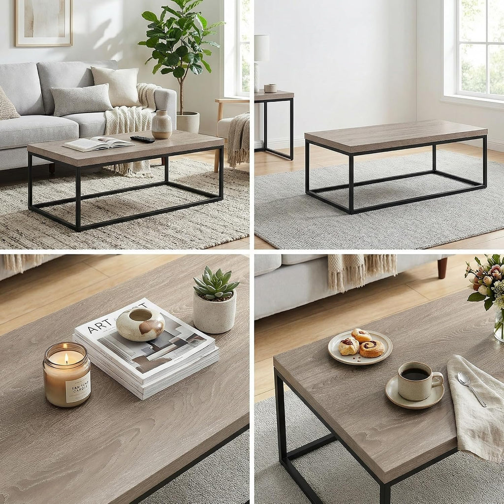 CENSI 47' Industrial Coffee Table, Rustic Grey French Oak Finish, Extra Thick 1.6' Wood Top, Sturdy Metal Frame, Modern Farmhouse Rectangular Cocktail Center Table for Living Room, Easy Assembly