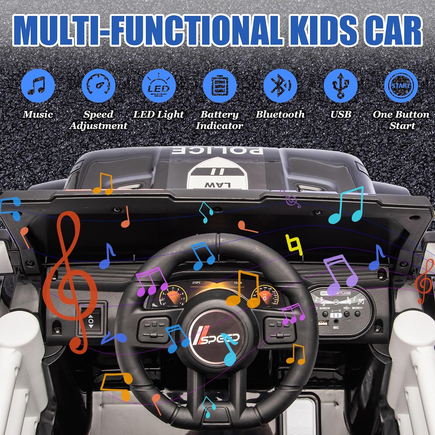 Ride on Police Car, 12V Kids' Electric Vehicles W/Parents Control, Ride on Toys for Toddlers with Music, Four-Wheels Suspension, USB, Headlights, Police Car