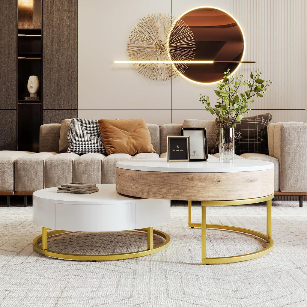 Round Lift-Top Nesting Coffee Table Set of 2, Modern Coffee Table with 2 Storage Drawers, Circular Wood Center Table Set for Living Room, Apartment, White & Oak
