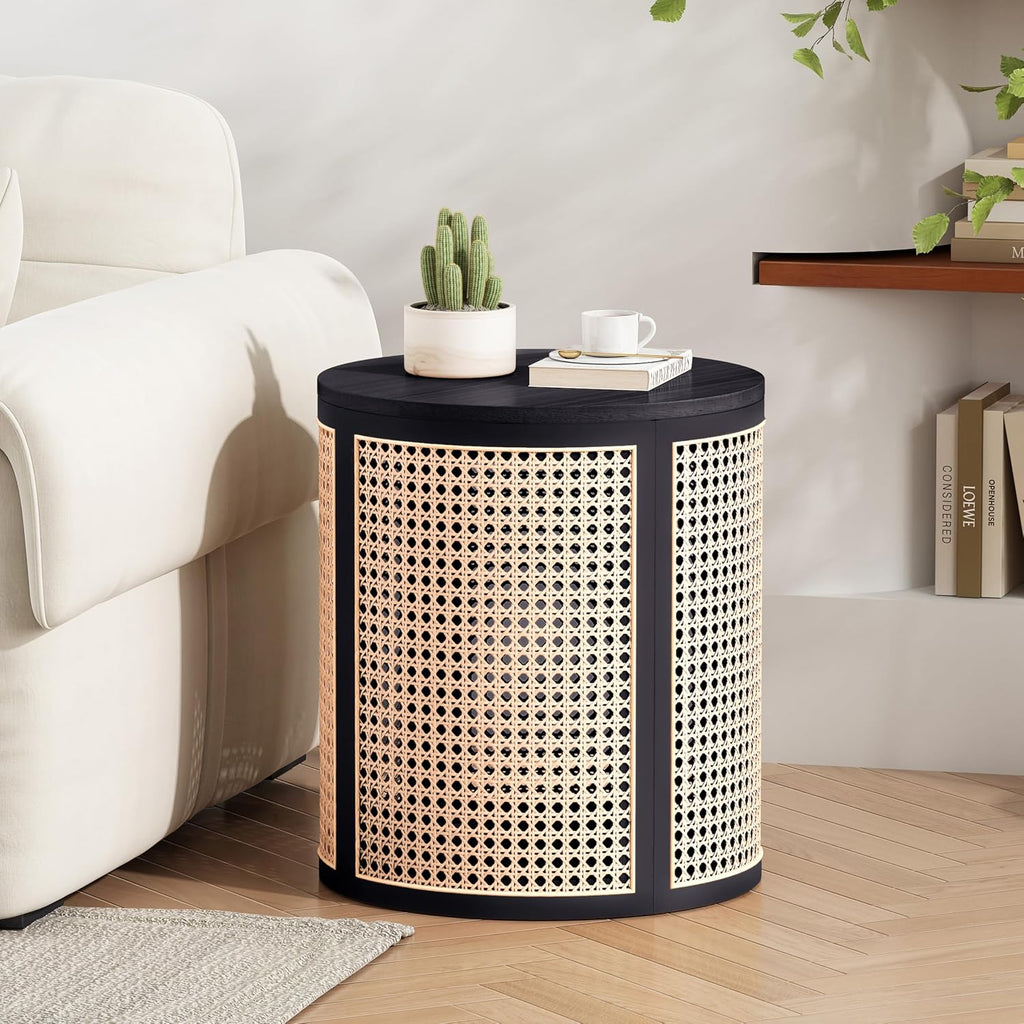Christopher Knight Home Aurl Lift Top Round End Table with Storage, Modern Side Table with Woven Rattan Details, Wooden Small Coffee Table for Living Room, Round Storage Ottoman, Black