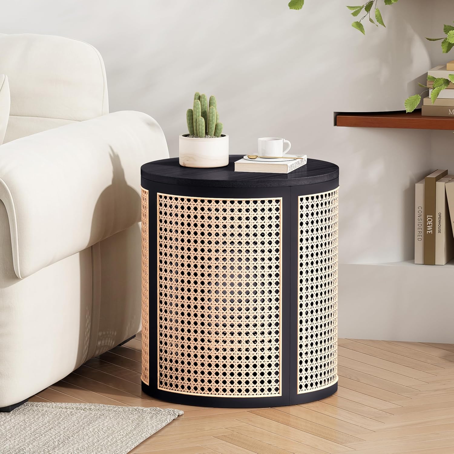 Christopher Knight Home Aurl Lift Top Round End Table with Storage, Modern Side Table with Woven Rattan Details, Wooden Small Coffee Table for Living Room, Round Storage Ottoman, Black