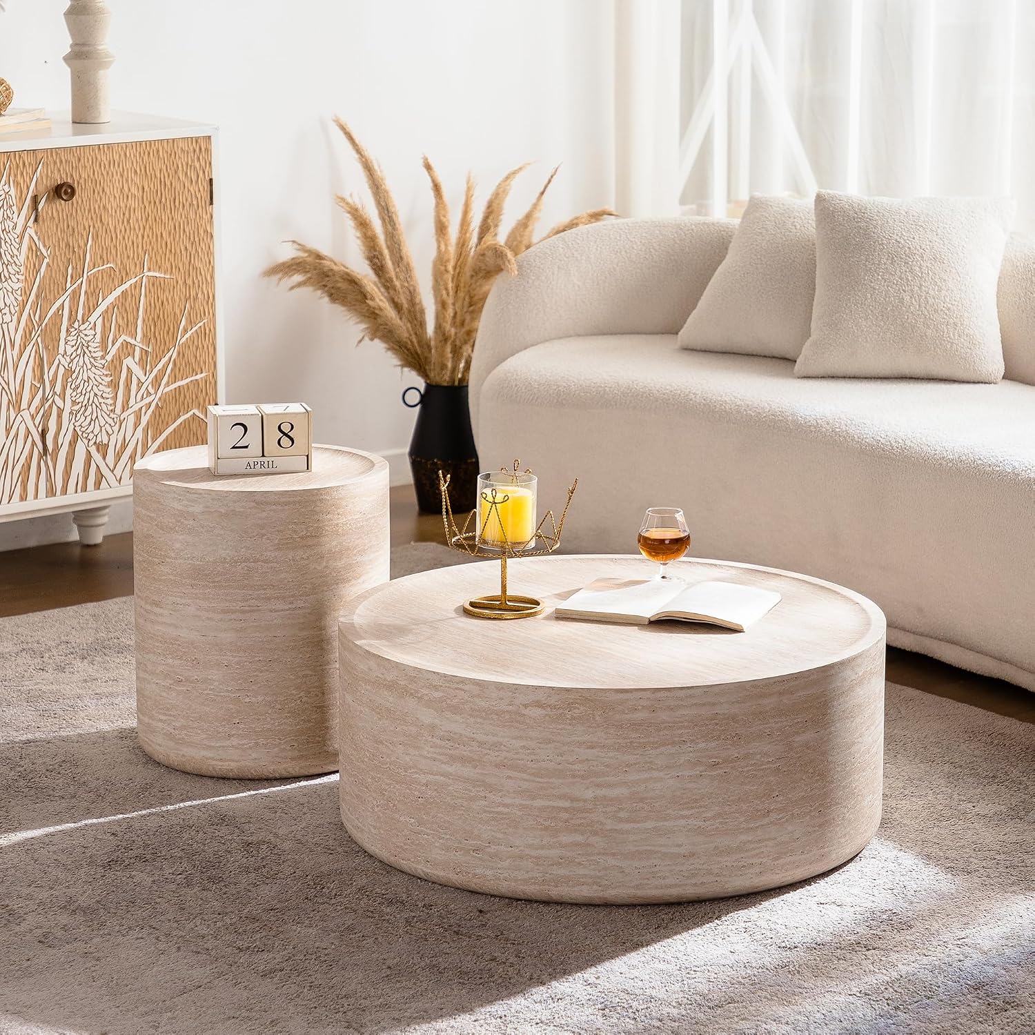 Round Coffee Table Set of 2, Modern 2 Pieces Faux Mars Marble Pattern Living Room Table Set 31.5' Round Coffee Table and End Table Set, Circle Center End Tables Set for Apartment,No Need Assembly