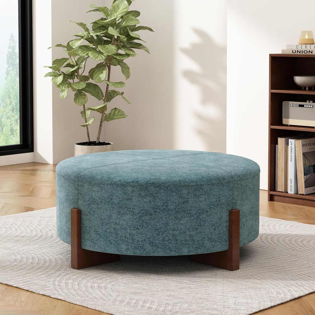 Christopher Knight Home Holmes Modern Chenille Upholstered Ottoman Coffee Table, Wooden Round Cocktail Ottoman, Large Living Room Sofa Footstool/Footrest, Teal Blue+Walnut