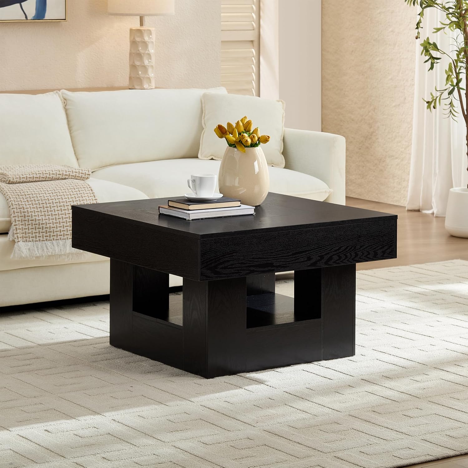 OKYCI Modern Coffee Table and End Table Set of 3 for Living Room, Includes 31.5' Coffee Table & 2 Side Table with 2 Drawers & Charging Station, Black