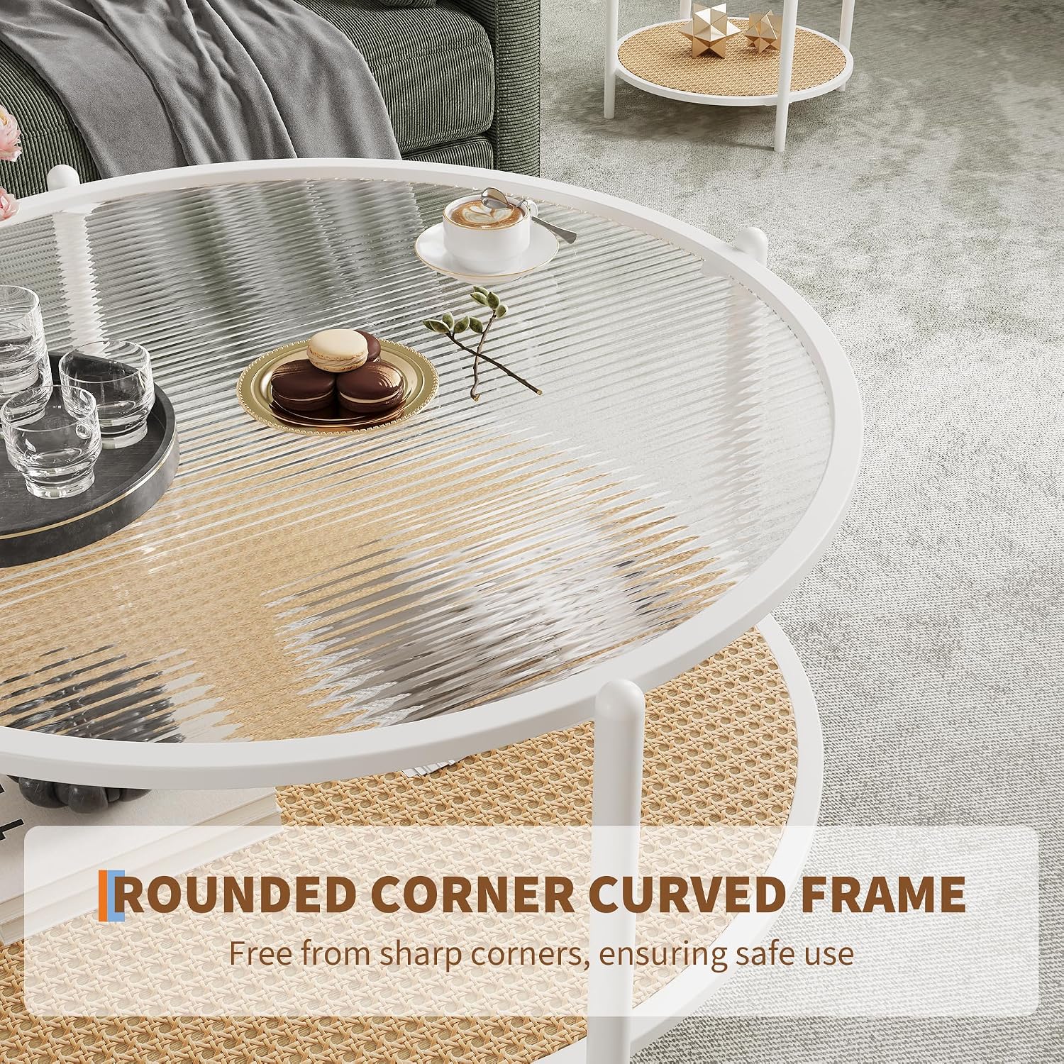 30' Round Rattan Coffee Table, 2-Tier White Gold Glass Storage Center Table for Living Room, Modern Circle Small Round Coffee Table with Tempered Water-Wave Glass Top & Metal Frame for Bedroom, Office