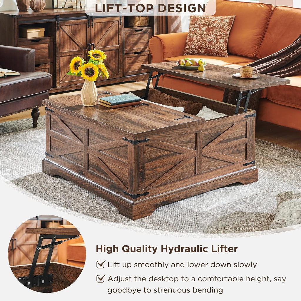JXQTLINGMU 3-Piece Farmhouse Coffee Table and End Table Sets, Includeds 36' Lift Top Square Coffee Table w/Storage & 2 Rustic Wood End Tables w/Charging Station & Barn Doors for Living Room, Brown