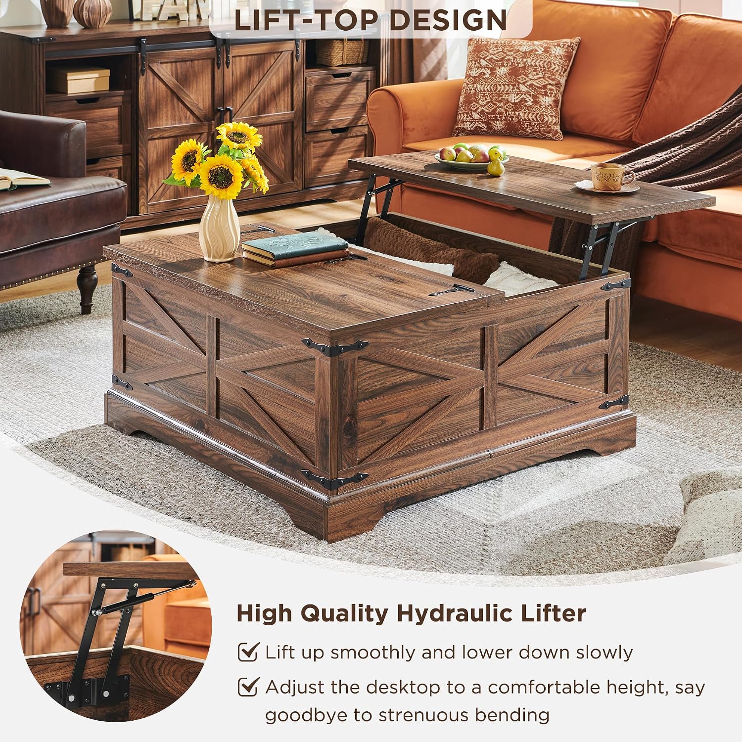 JXQTLINGMU 3-Piece Farmhouse Coffee Table and End Table Sets, Includeds 36' Lift Top Square Coffee Table w/Storage & 2 Rustic Wood End Tables w/Charging Station & Barn Doors for Living Room, Brown