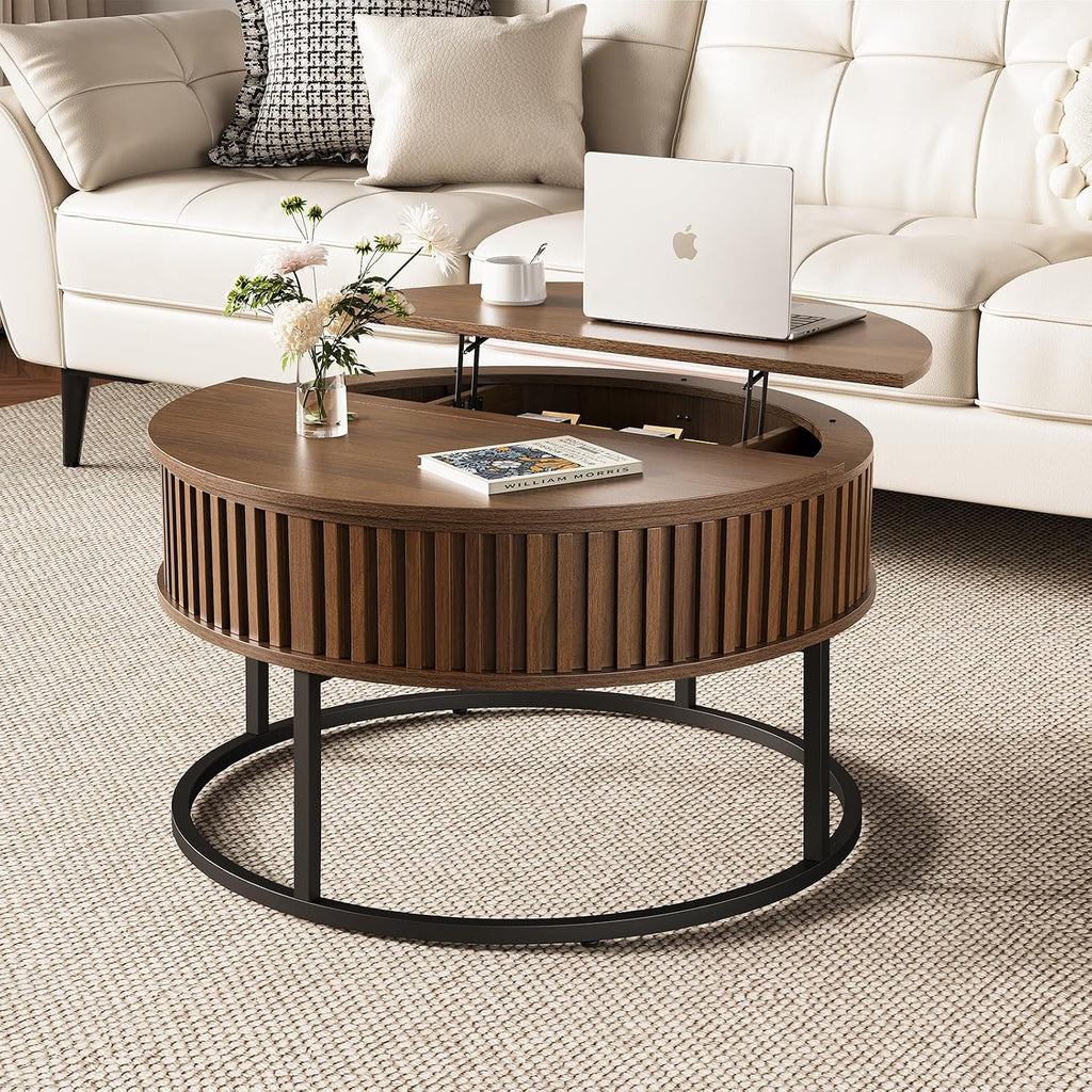 Round Coffee Table with Lift Top - Fluted Wood Center Coffee Tables for Living Room, Lifting Up for Dining, Large Hidden Circle Storage Compartment for Small Spaces, Mid Century Modern