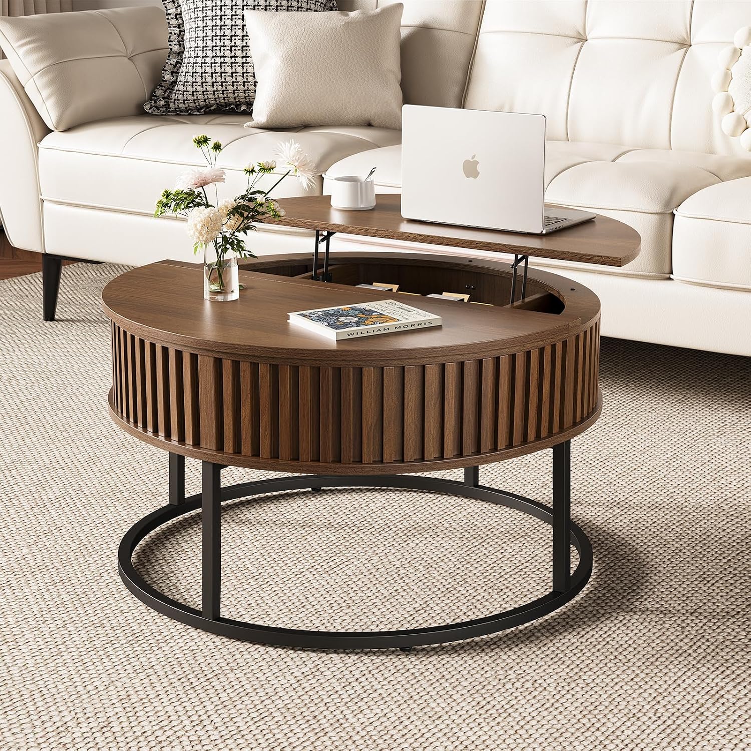 Round Coffee Table with Lift Top - Fluted Wood Center Coffee Tables for Living Room, Lifting Up for Dining, Large Hidden Circle Storage Compartment for Small Spaces, Mid Century Modern