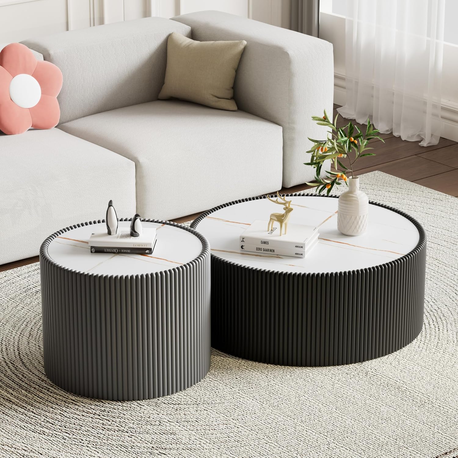Modern Round Coffee Table Set of 2 Luxury Sintered Stone Top Coffee End Table in Black/Grey Leatherette Drum-Shape Small Coffee Side End Tables for Living Room,Fully Assembled