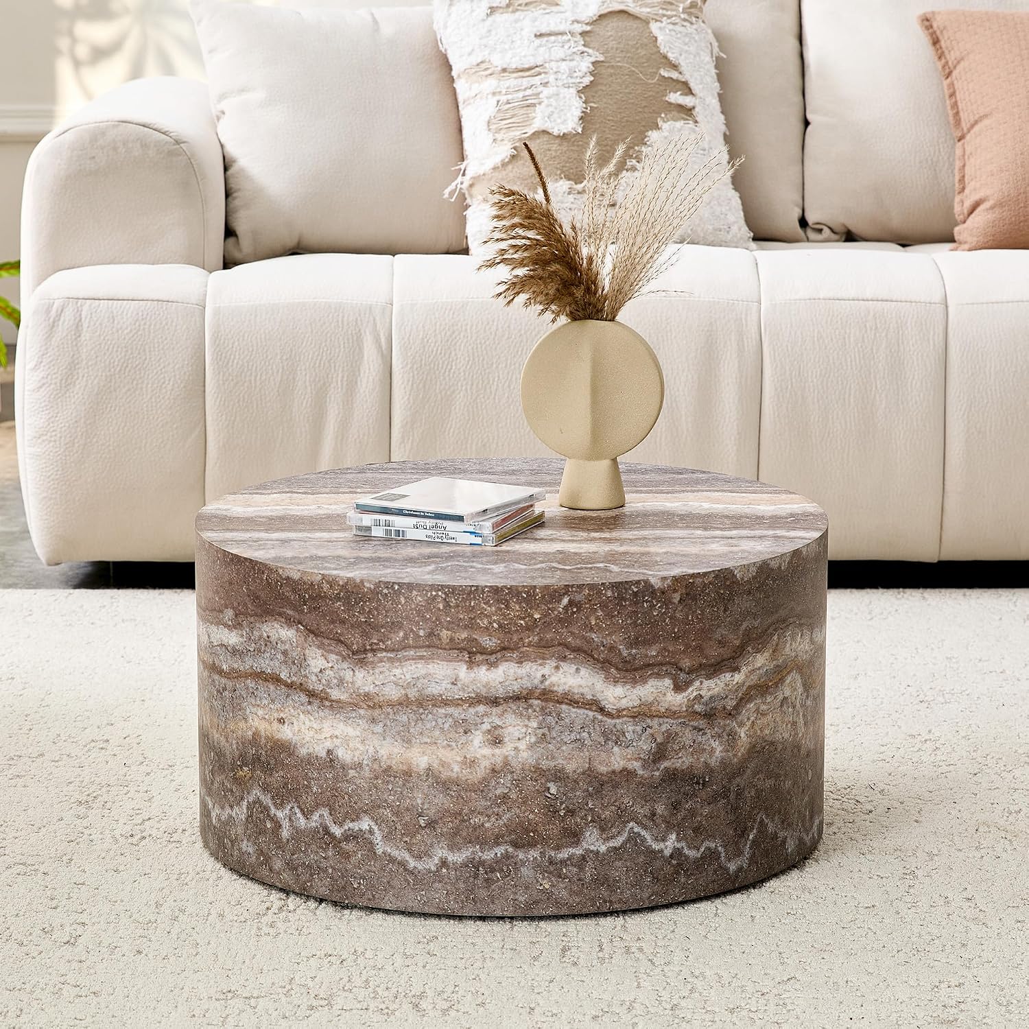 Round Coffee Table, 23.6' Modern Grey Faux Marble Drum Coffee Table, Round Accent Center Table for Living Room Apartment Small Spaces, No Assembly Required