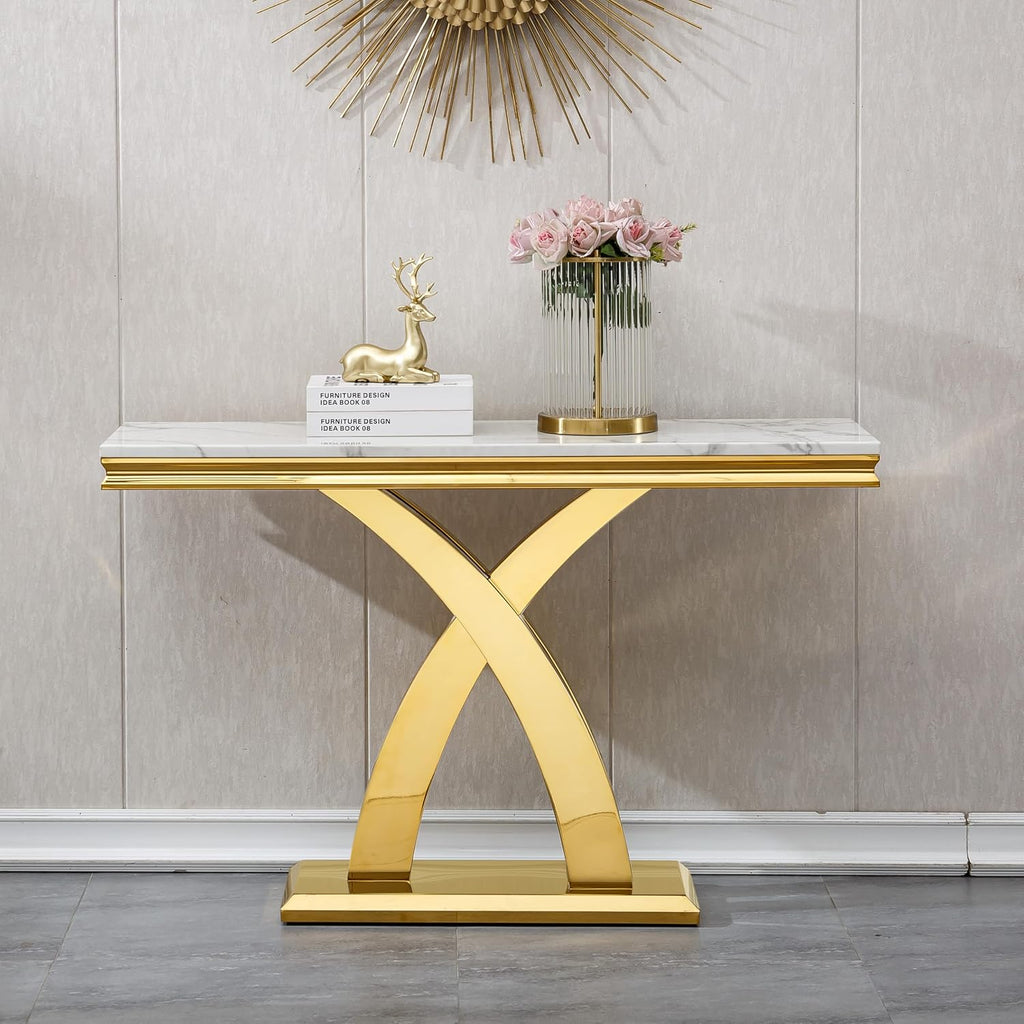 Modern White Gold Console Table, 47' Faux Marble Entryway Table Narrow Long Sofa Table, Luxury Accent Table Rectangle Behind Sofa Entrance Table Foyer Hallway Table for Living Room
