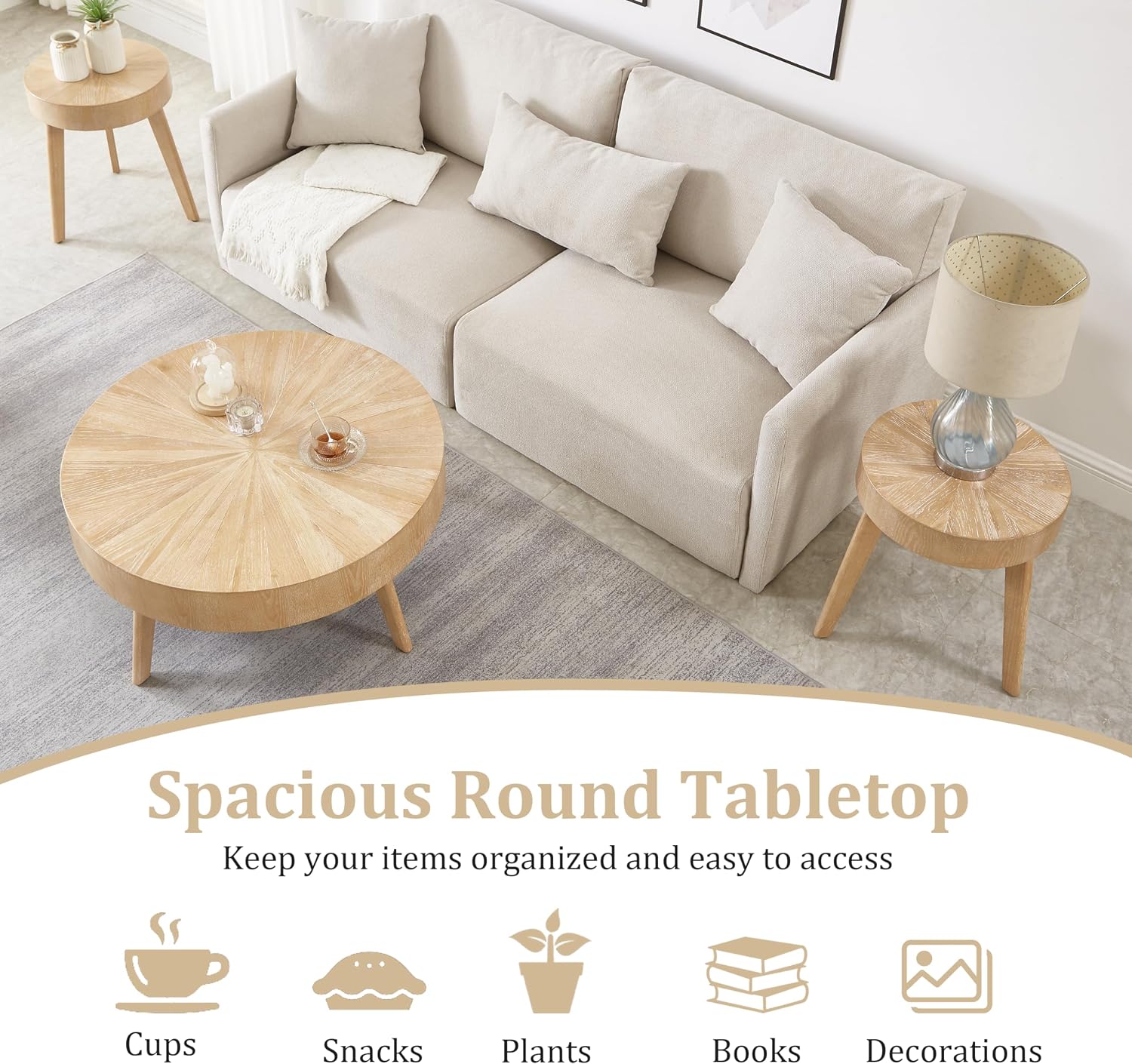 Nesting Round Wood Coffee Table Set of 2 - Wooden Circle Coffee Table ＆ End Table Side Table for Living Room Apartment (Light Brown,31x31x14 in)