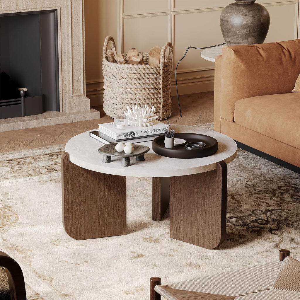 HOMPUS 31.5' Farmhouse Round Coffee Table, Wooden Coffee Table with Faux Marble Tabletop, Modern Living Room Circle Center Table, End Table for Living Room, Apartment, Easy Assembly (White + Brown)