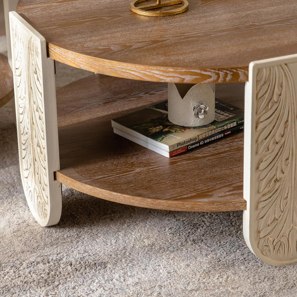 31.89'' Round Wood Coffee Table 2-Tier Circle Craft Rustic Coffee Table for Living Room, Modern Retro Farmhouse Carved Style, Easy Assembly, Natural Wood