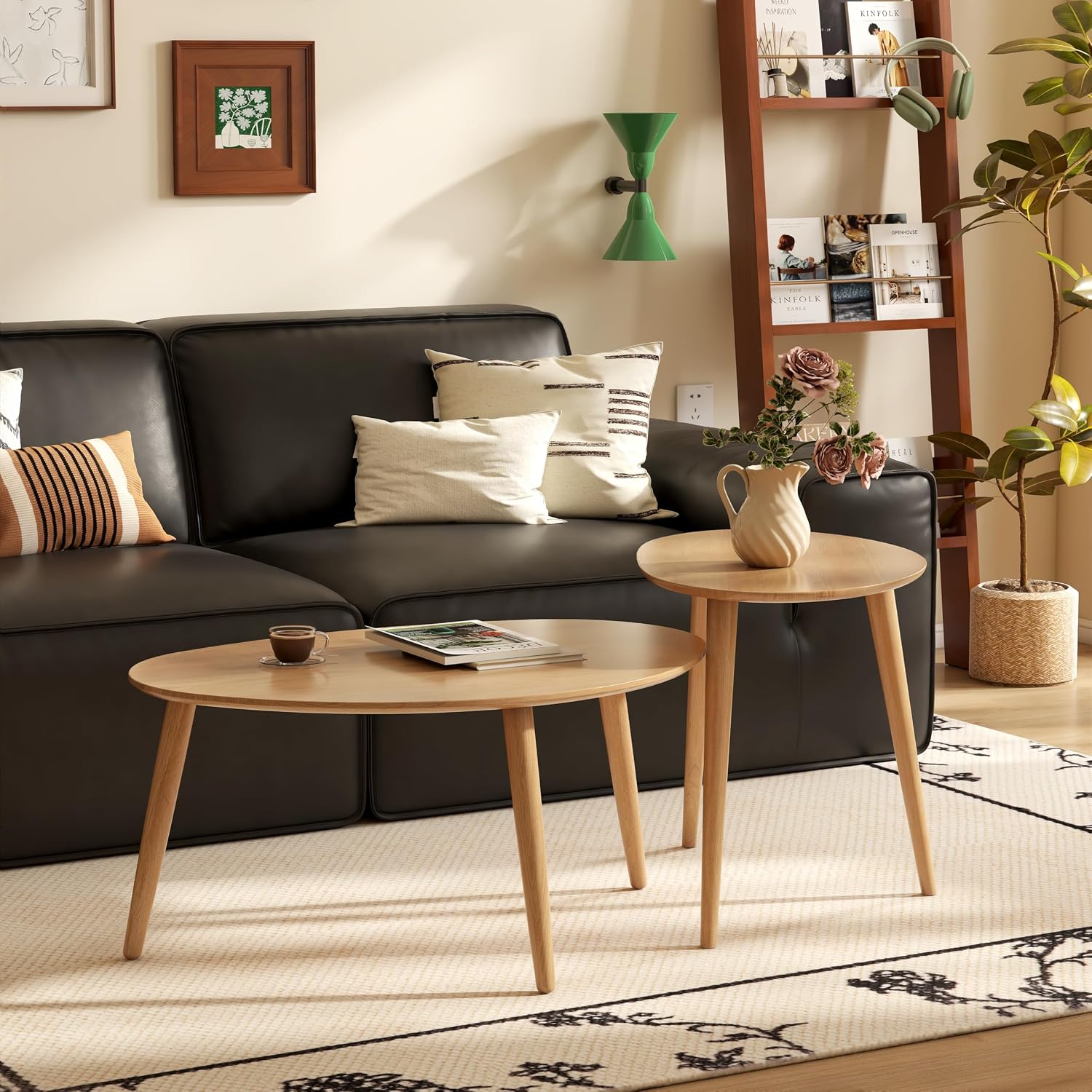 100% Solid Oak Wood Nesting Coffee Table, Small Oval Coffee Tables Set, Mid Century Modern Round Tables for Living Room, Pebble Side Table for Balcony (Nature, Combine)