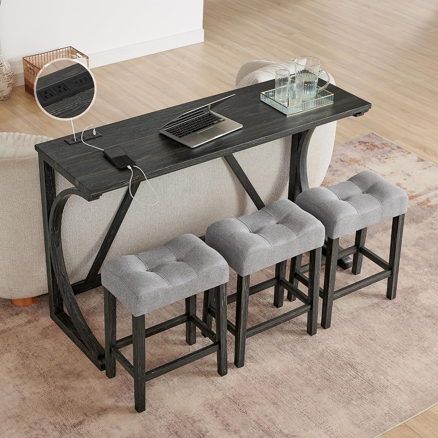 Merax 59 Inch Industrial Bar Table Set with Power Outlet, 3 Linen Upholstered Stools, Counter Height Table Set with 24 Inch Seat Height Stools for Kitchen, Living Room,Black+Light Gray