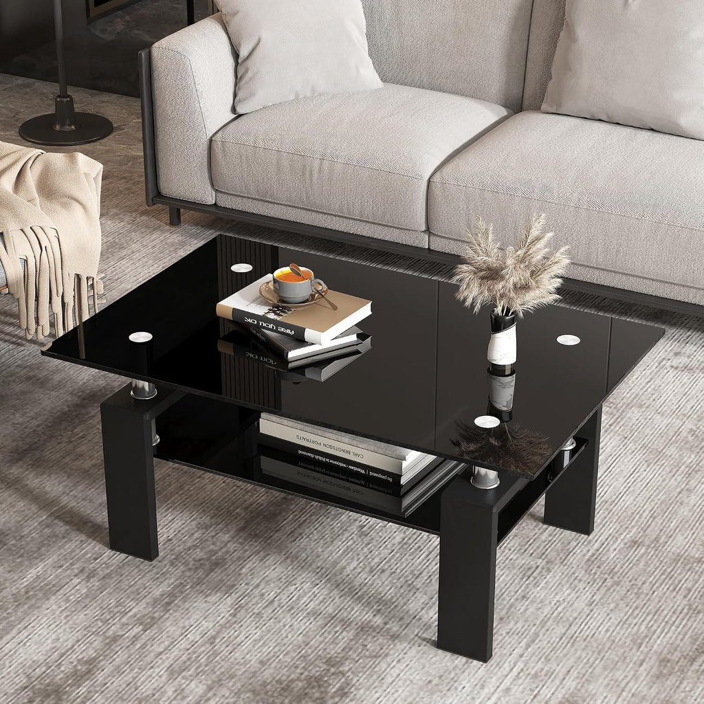 Glass Coffee Table Set of 3, 3-Piece Living Room Tables with Tempered Glass and Metal Frame, Coffee and End Table Sets, Black