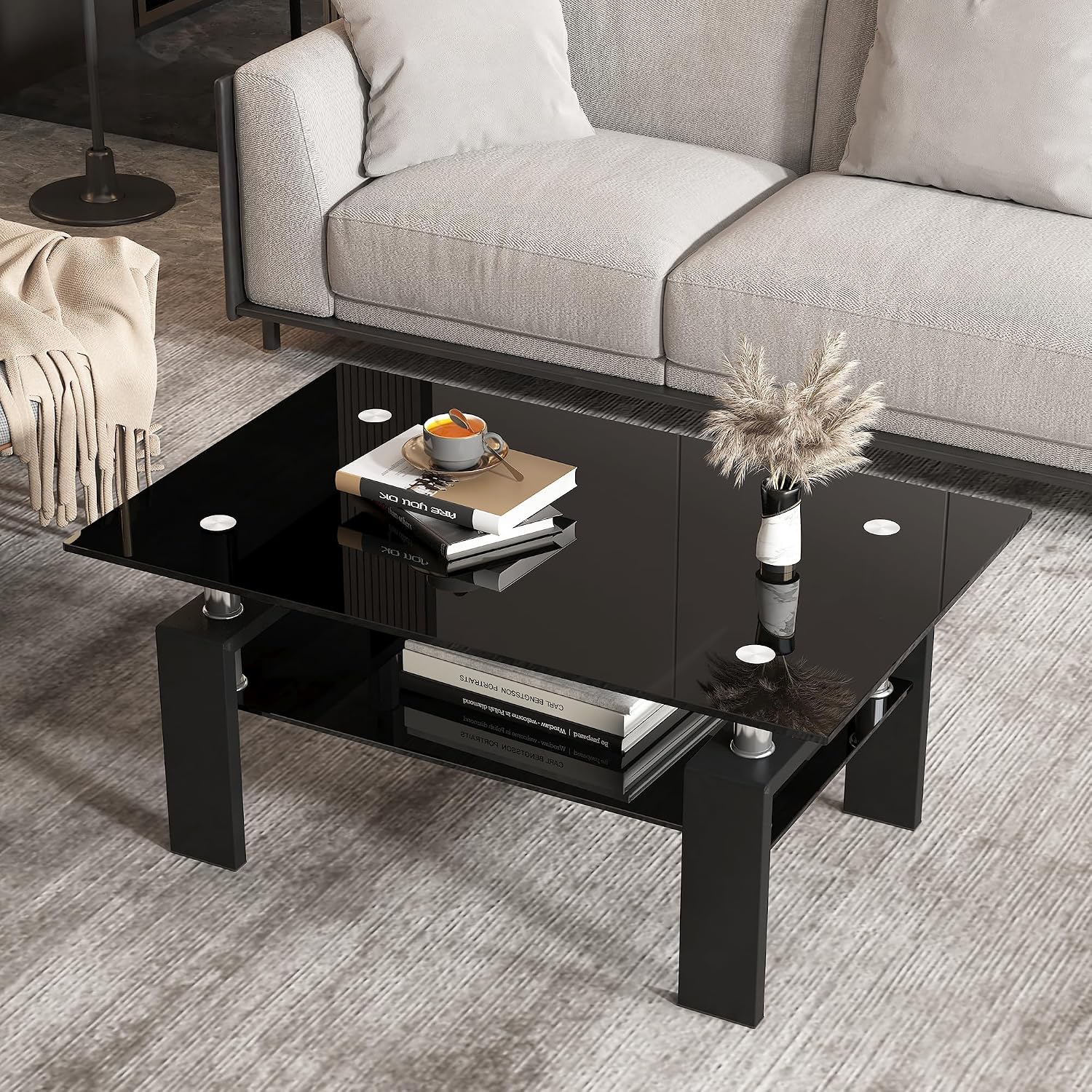 Glass Coffee Table Set of 3, 3-Piece Living Room Tables with Tempered Glass and Metal Frame, Coffee and End Table Sets, Black