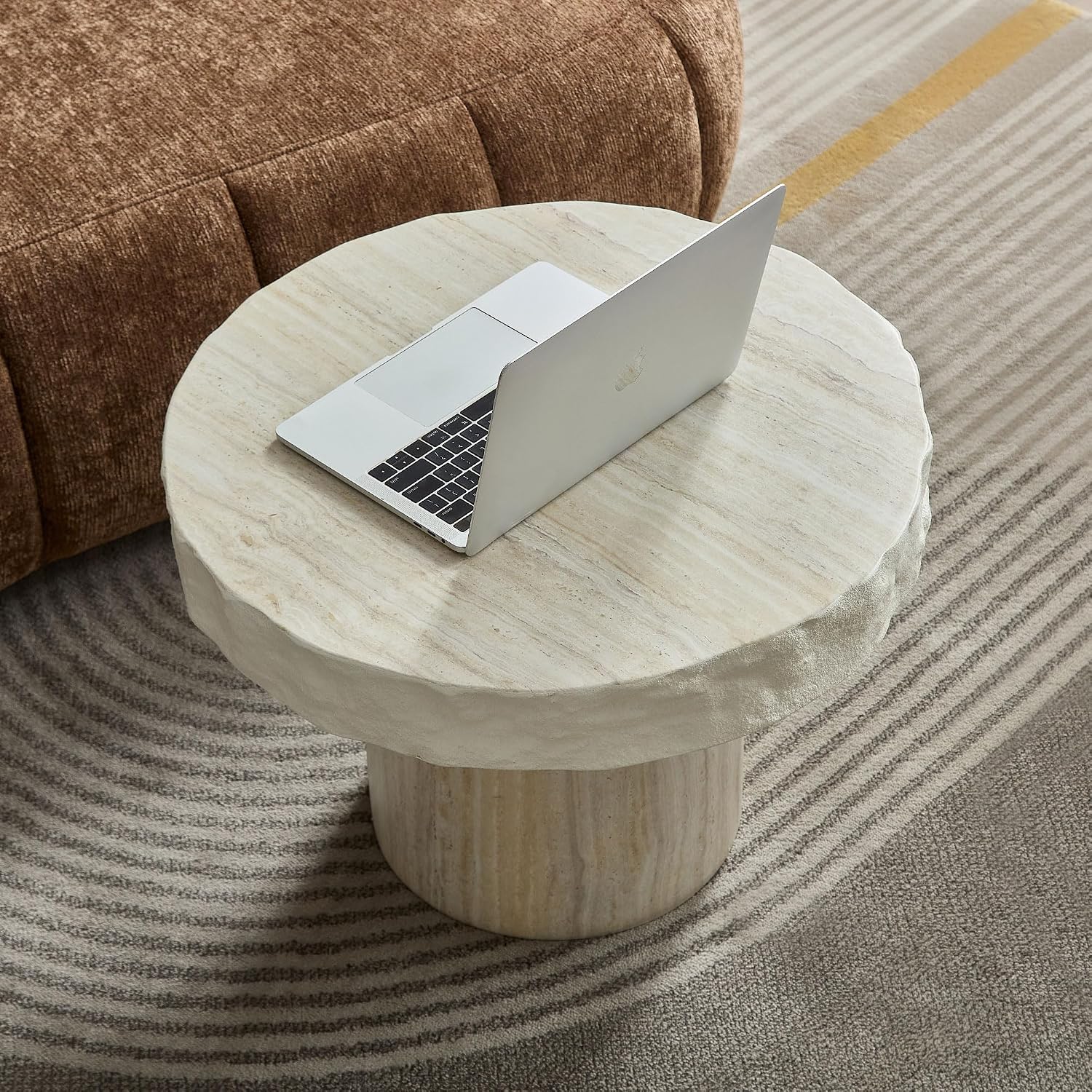 Modern End Table, 23.82'' Round Side Table, Faux Mars Top Small Drink Side Tables Accent Nightstand Living Room, Bedroom, Corners, Small Space, Full Assembly Beige