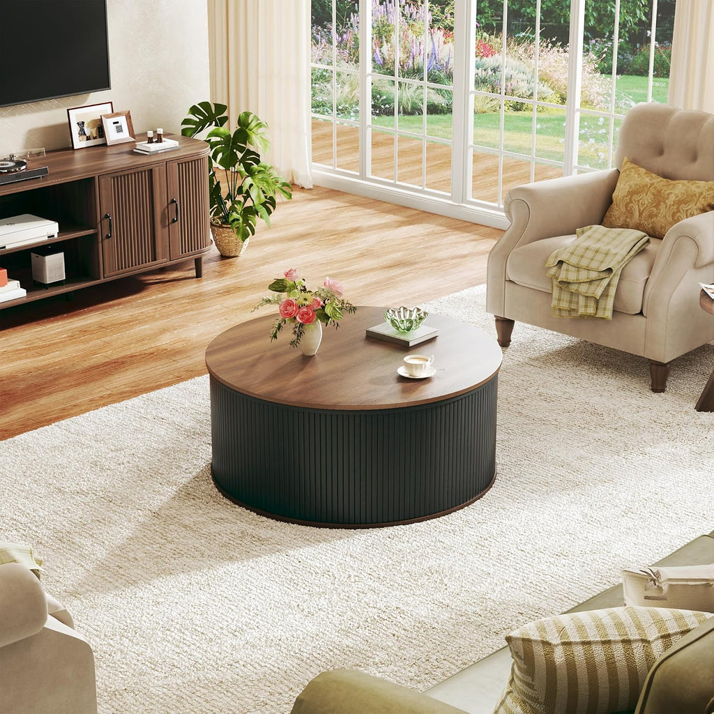 HUAHUU Round Coffee Table with Storage, 31.5' Lift Top Coffee Table, Mid Century Modern Coffee Tables for Living Room, Apartment Office, Fluted Table with Rustic Wood Desktop