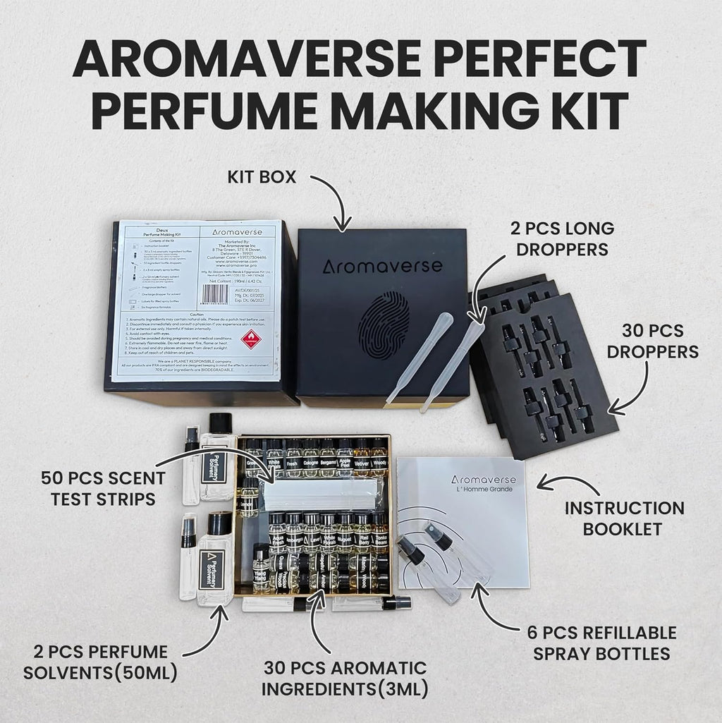 L'Homme Grande Perfume Making Kit - Make Your Own Perfume Kit for Women & Men with 30 Aromatic Ingredients, Spray Bottles, Droppers & 6 Recipes, Masculine Fresh, Woody & Spicy Notes