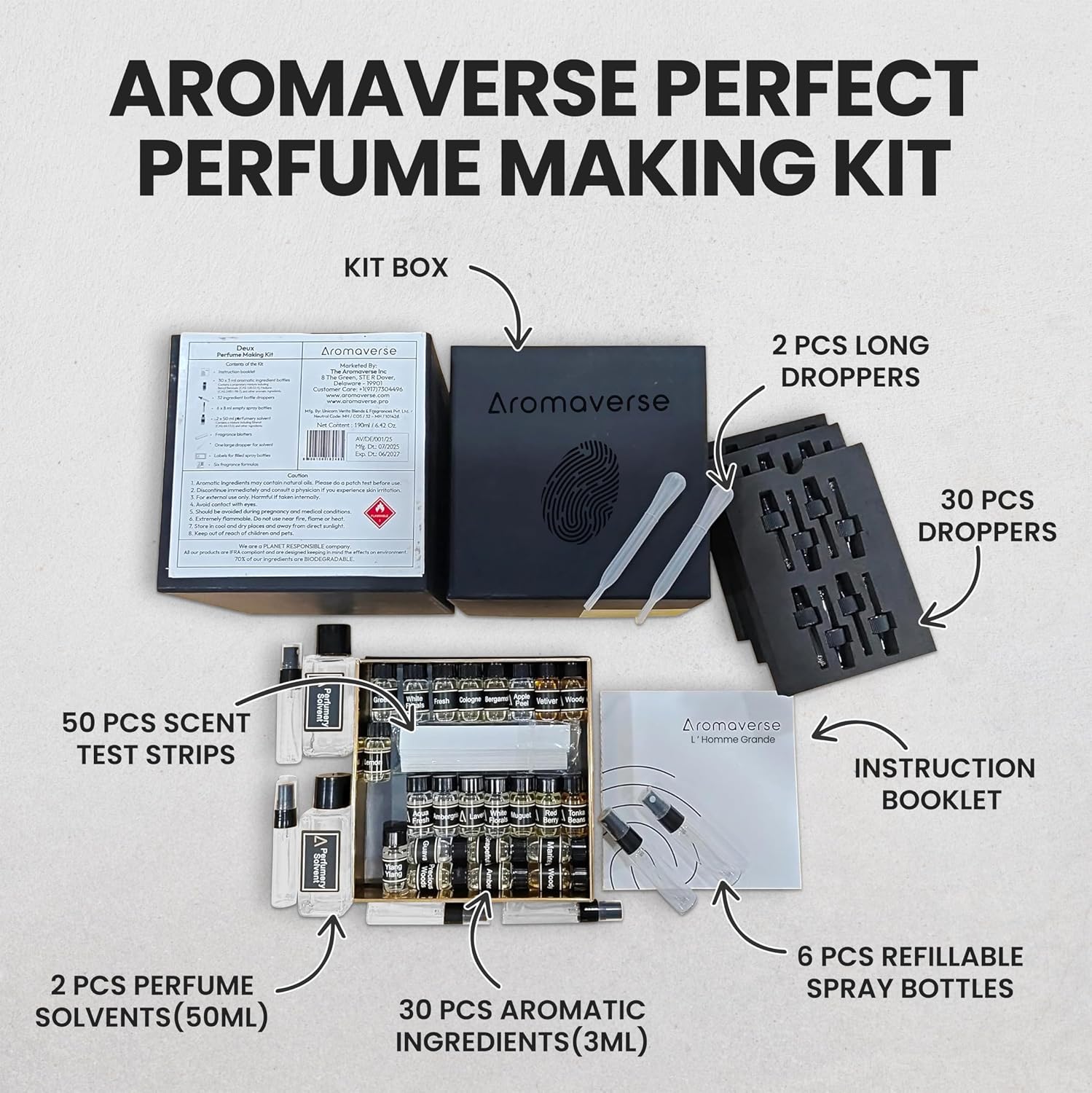 L'Homme Grande Perfume Making Kit - Make Your Own Perfume Kit for Women & Men with 30 Aromatic Ingredients, Spray Bottles, Droppers & 6 Recipes, Masculine Fresh, Woody & Spicy Notes