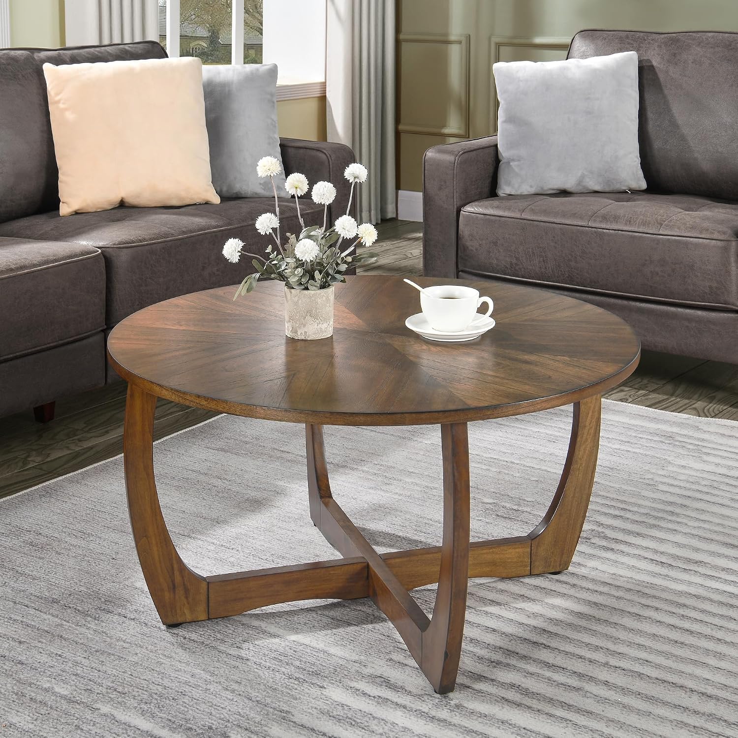 Round Wood Coffee Table, Solid Hardwood Coffee Tables for Living Room, Mid-Century Modern Coffee-Table with Criss-Cross Legs, 33.5' D x 17.7' H, Designed Home Furniture, Easy Assembly, Center Table