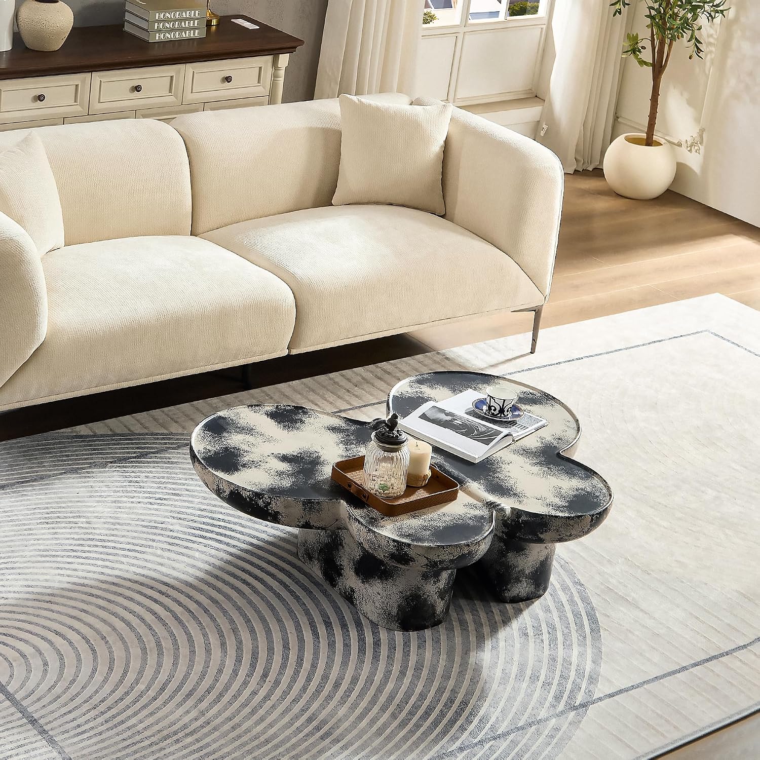 Large 47-inch Modern Glass Top Coffee Table, Mid-Century Light Gray & Black Accent Table for Spacious Living Room, Lounge or Office (L.Gray + Black)