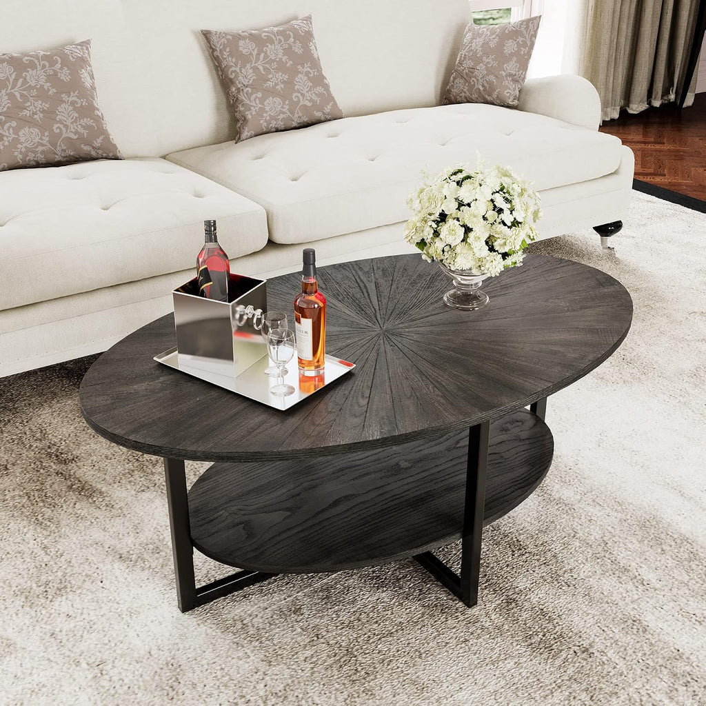 Solid Wood Oval Coffee Table with Cross Metal Legs, 43.3in Modern Industrail Center Table with Open Shelf Cocktail Tea Table for Living Room Bedroom, Black Brown 1811BK