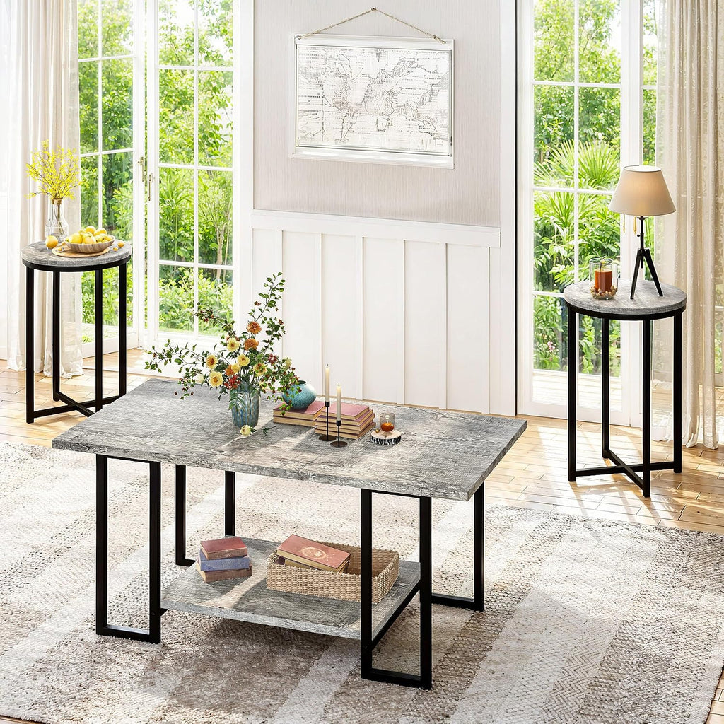 AWQM 3 Pieces Living Room Table Set, Faux Marble Coffee Table with 2 Round End Side Tables, Coffee Table Set with Metal Frame for Apartment Home Office, Grey&Black