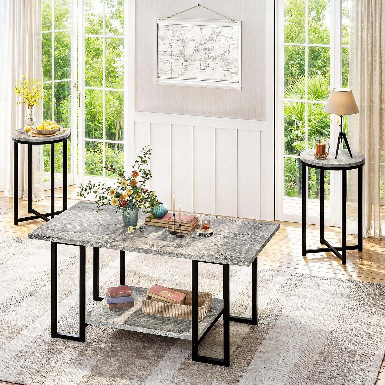 AWQM 3 Pieces Living Room Table Set, Faux Marble Coffee Table with 2 Round End Side Tables, Coffee Table Set with Metal Frame for Apartment Home Office, Grey&Black