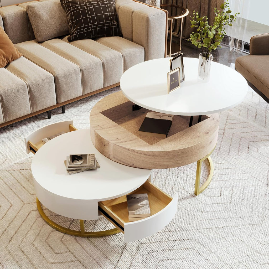 Round Lift-Top Nesting Coffee Table Set of 2, Modern Coffee Table with 2 Storage Drawers, Circular Wood Center Table Set for Living Room, Apartment, White & Oak