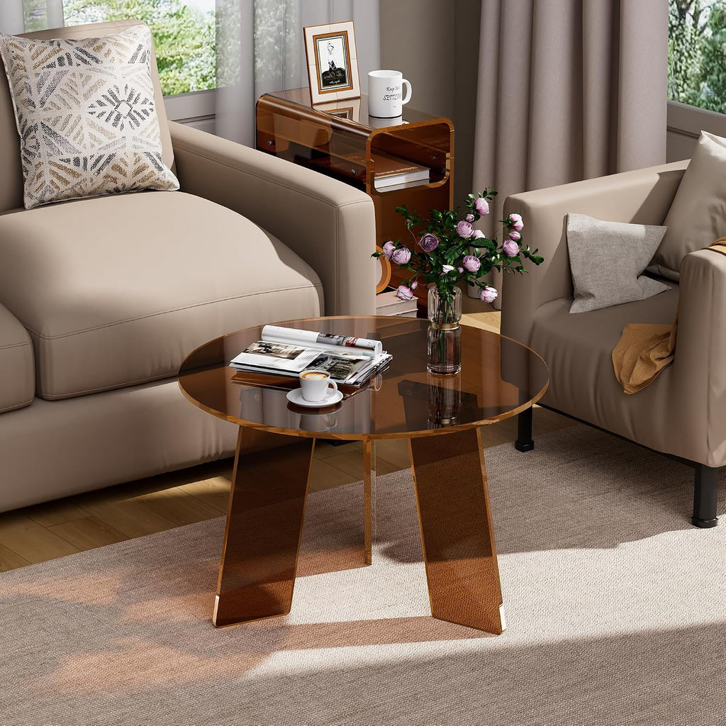 Acrylic Coffee Table Round, Clear Circle Modern Lucite Side Table Legs for Living Room, Bedroom, Office (Dark Brown, 23.6' × 15.7')