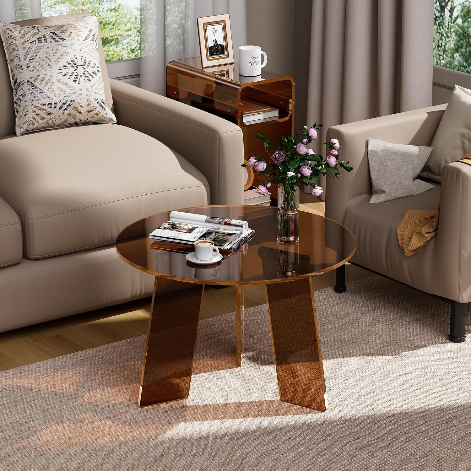 Acrylic Coffee Table Round, Clear Circle Modern Lucite Side Table Legs for Living Room, Bedroom, Office (Dark Brown, 23.6' × 15.7')