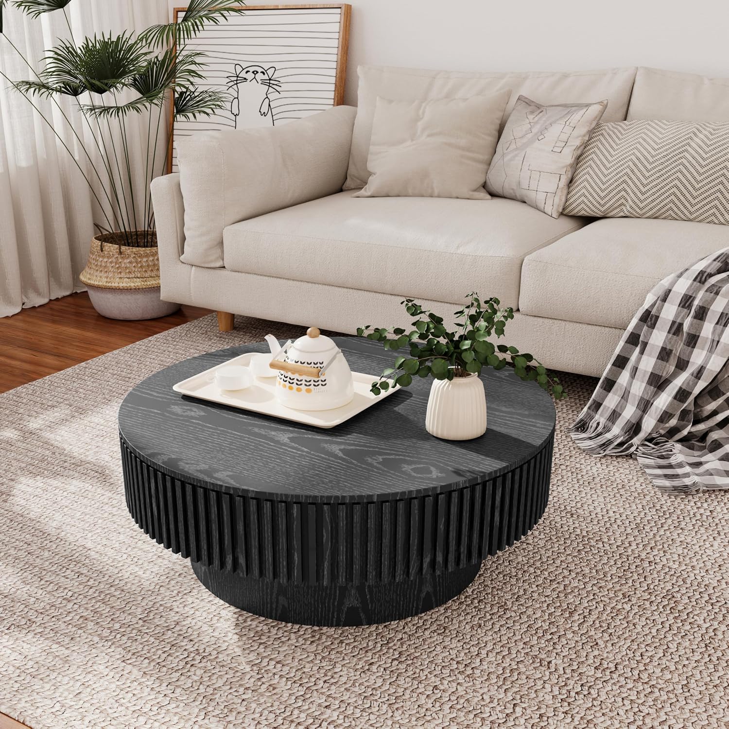 31.5' Round Coffee Table with Hidden Storage Compartment, Modern Handcraft Fluted Drum Coffee Table, Wooden Circle Center Table Cocktail Tea Table with Sturdy Pedestal for Living Room, Black