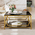 33.5'' Tempered Glass Square Coffee Table for Living Room, 2-Tier Modern Coffee Table, Black Mirror Tabletop & Metal Base, Easy Assembly, Black & Gold