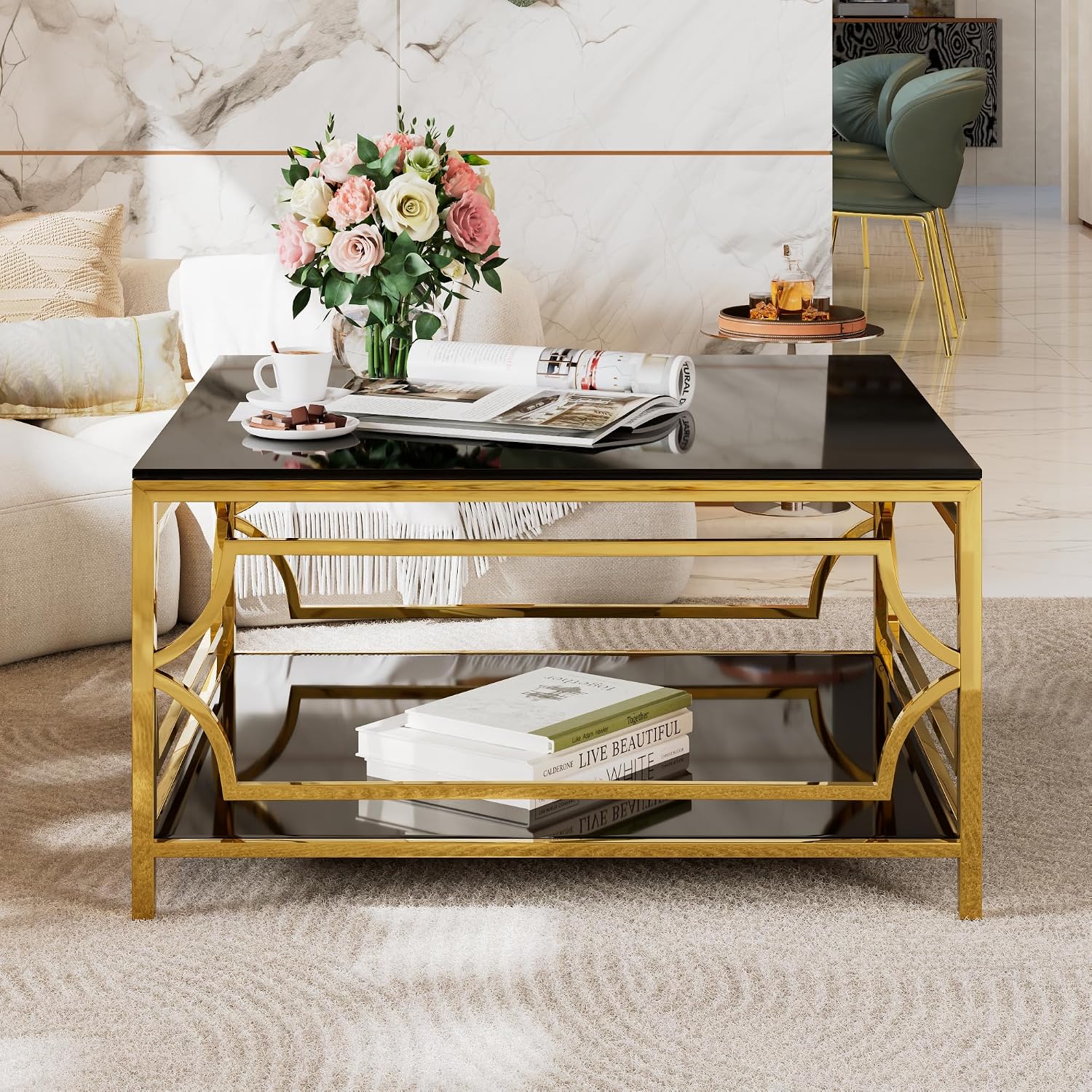 33.5'' Tempered Glass Square Coffee Table for Living Room, 2-Tier Modern Coffee Table, Black Mirror Tabletop & Metal Base, Easy Assembly, Black & Gold