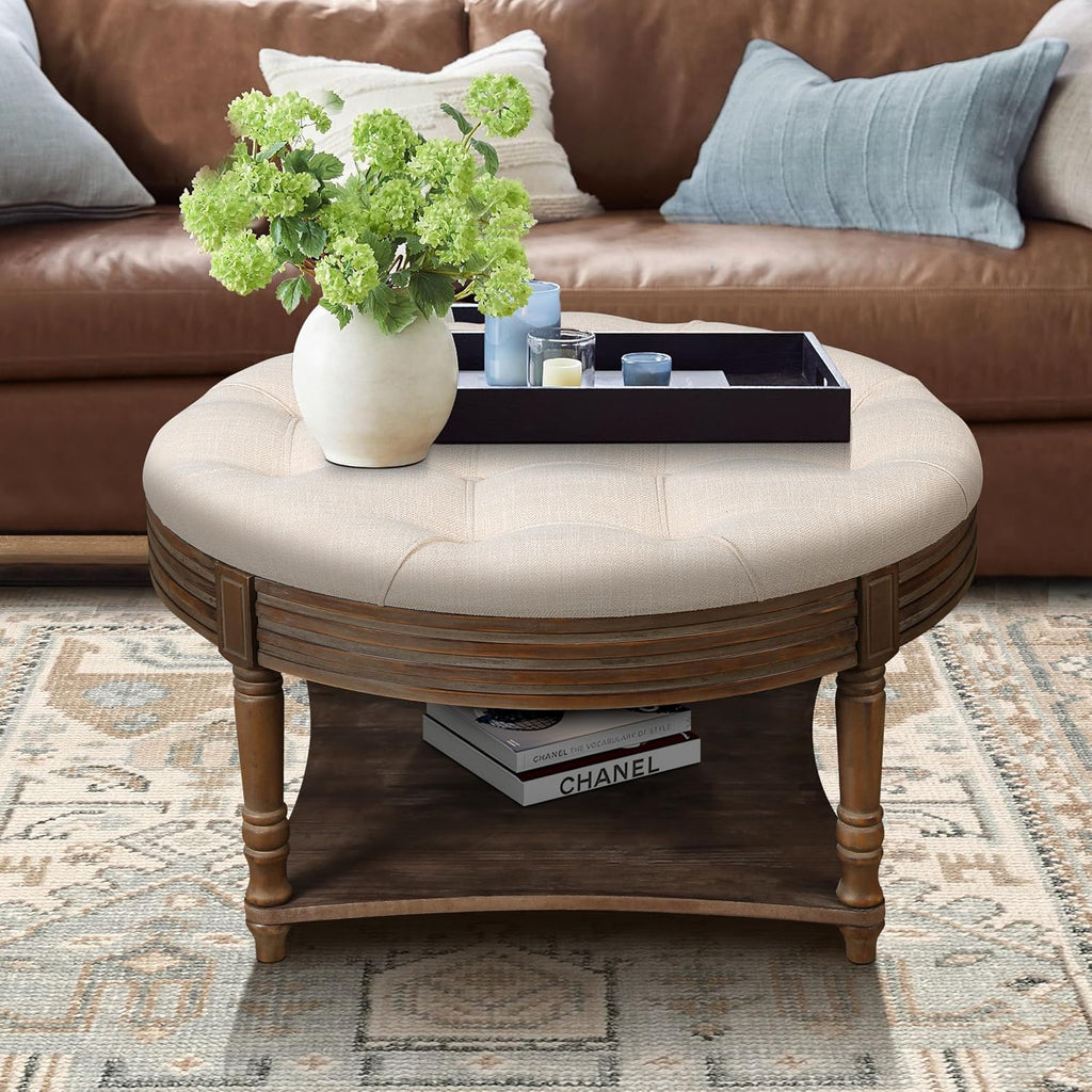 31.49'' Round Coffee Table with Storage Space, 2-Tier Modern Wood Circle Coffee Table for Living Room, Moveable Table Top & Easy Assembly & Waterproof Upholstered Linen, Beige & Wood