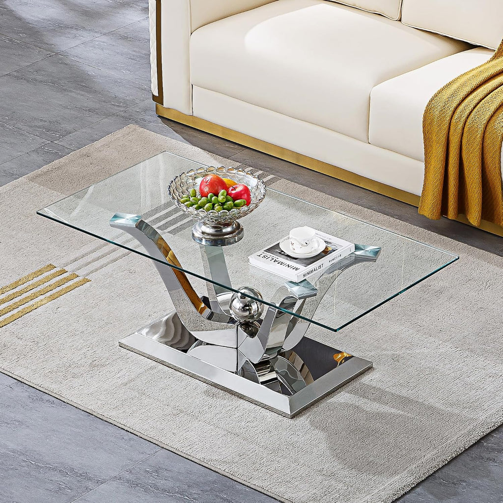 Mid Century Modern Coffee Table, Rectangle Silver Coffee Table, Tempered Glass Top & Flower Shape Stainless Steel Base, Minimalist Center Cocktail Sofa Side Table Glass Coffee Table for Living Room