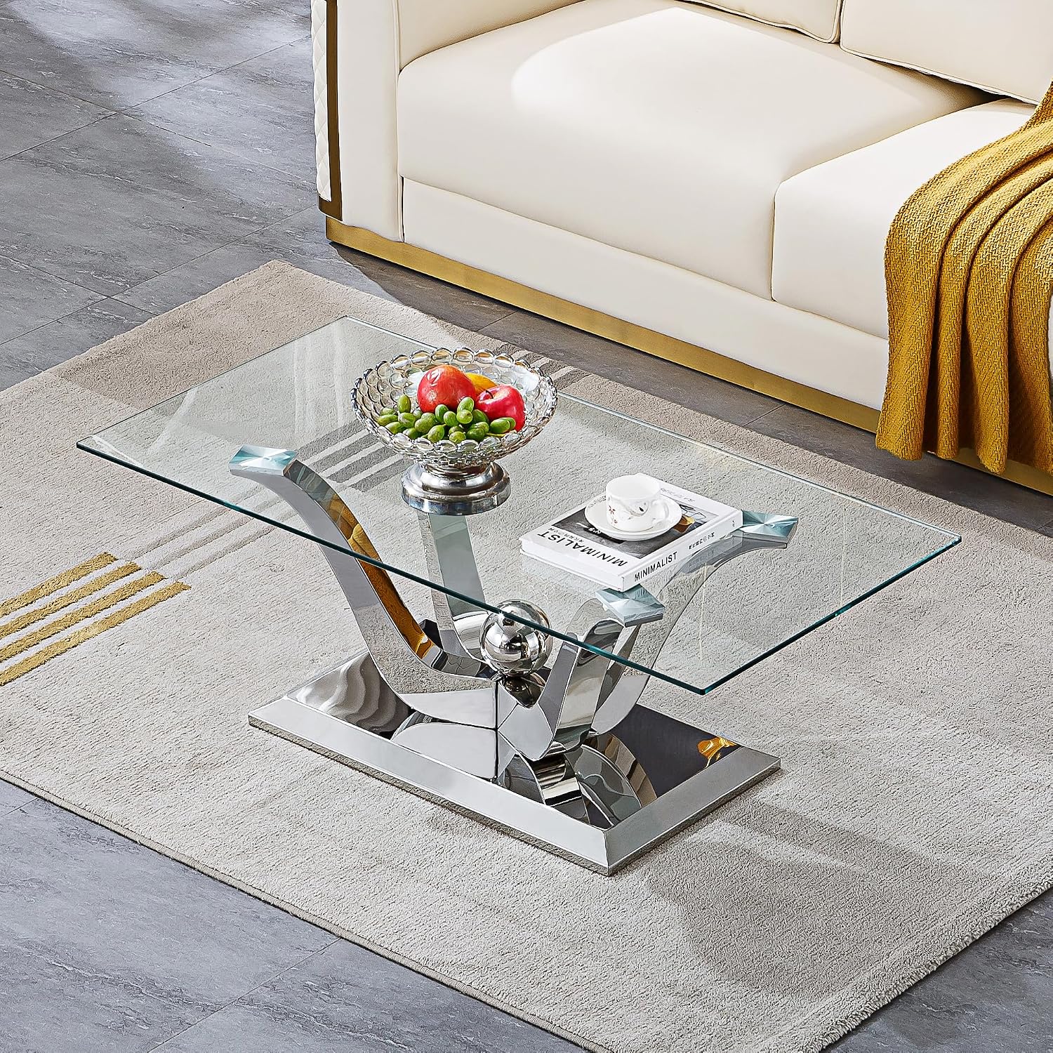 Mid Century Modern Coffee Table, Rectangle Silver Coffee Table, Tempered Glass Top & Flower Shape Stainless Steel Base, Minimalist Center Cocktail Sofa Side Table Glass Coffee Table for Living Room