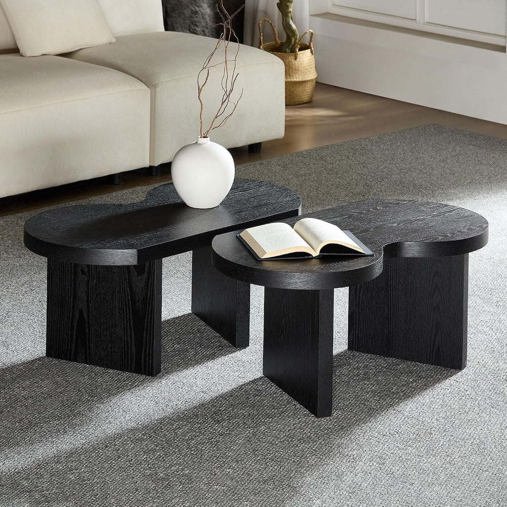 Modern Nesting Coffee Table Set of 2, Natural Wooden Coffee Table for Living Room, Small Center Table End Table Sets with Rustic Wood Grain for Bedroom Office Cafe Black 31.5' W x13.77 H